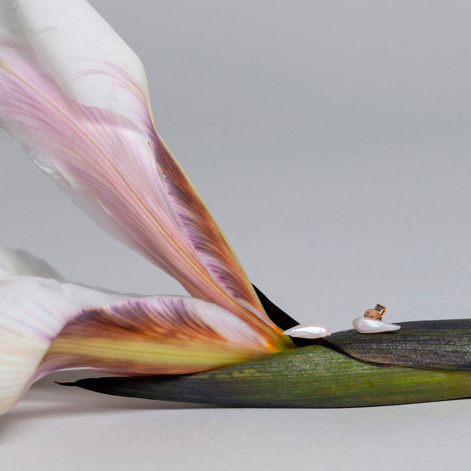 Wing Pearl Stud Earrings on light color background.