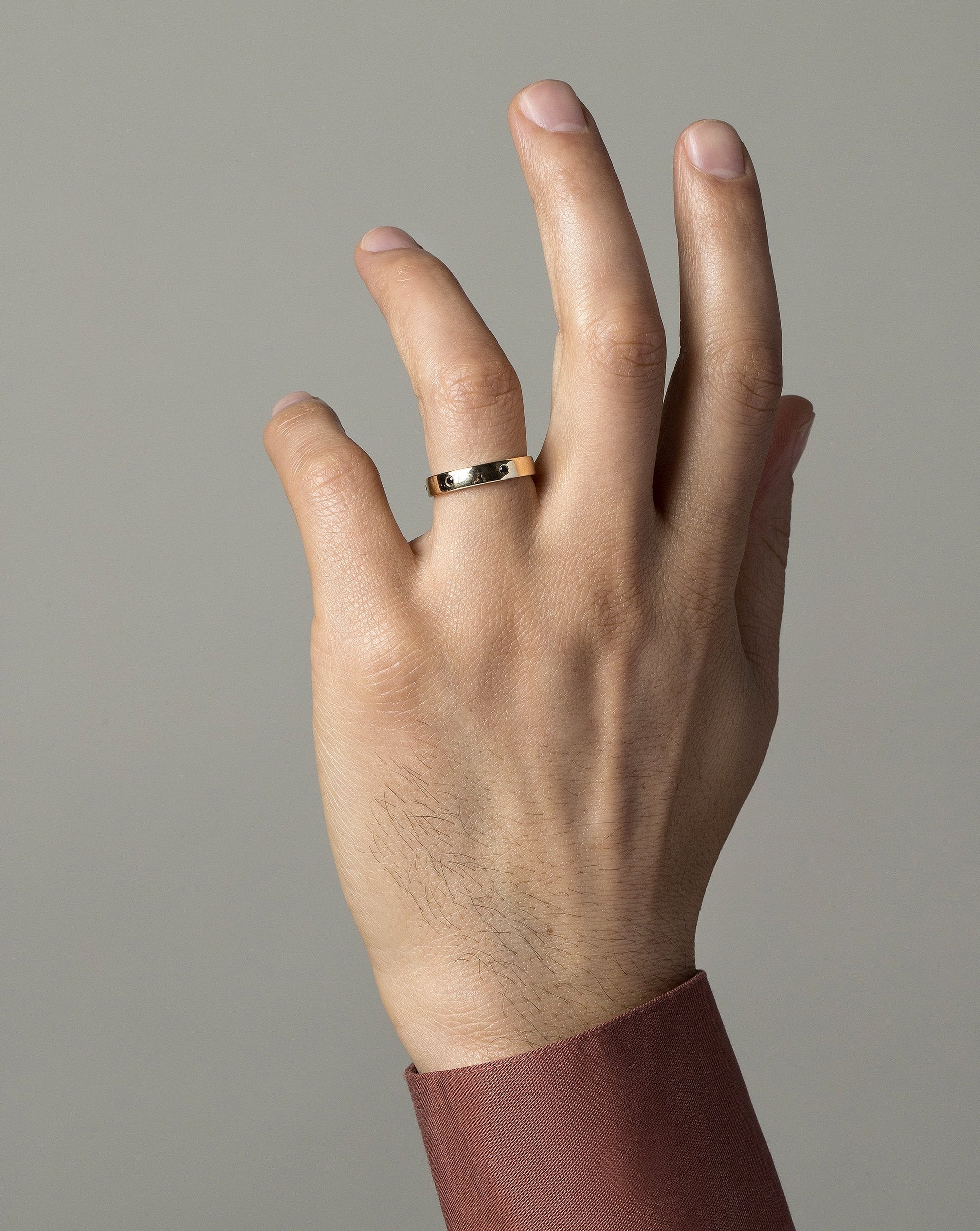 Gold with Six Stone Black Diamond 1.6mm 4mm Square Wire Band on model.