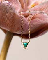 Styled image of the Gold Turquoise Triangle Necklace.