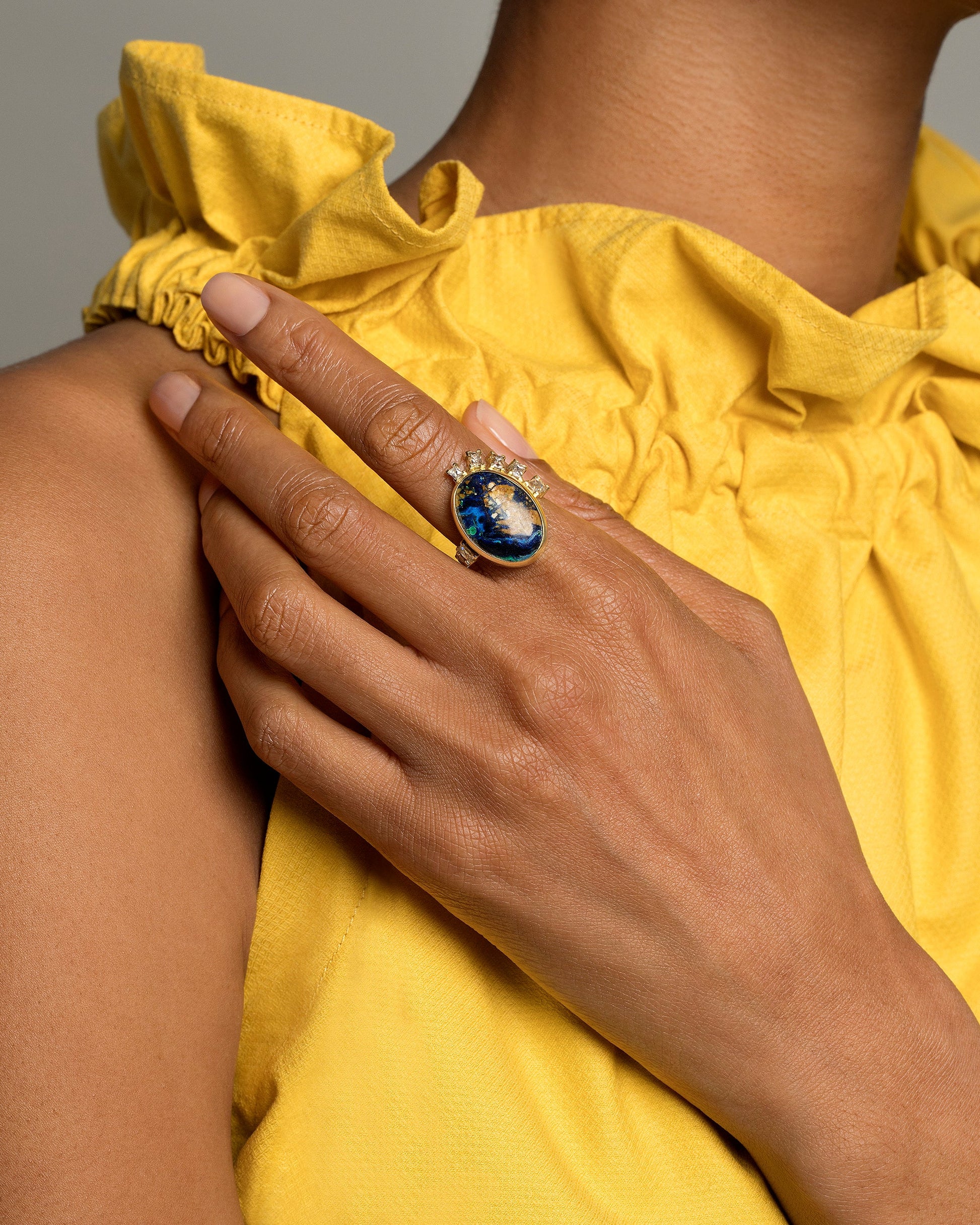 Azurite Malachite & Diamond Ring on model.