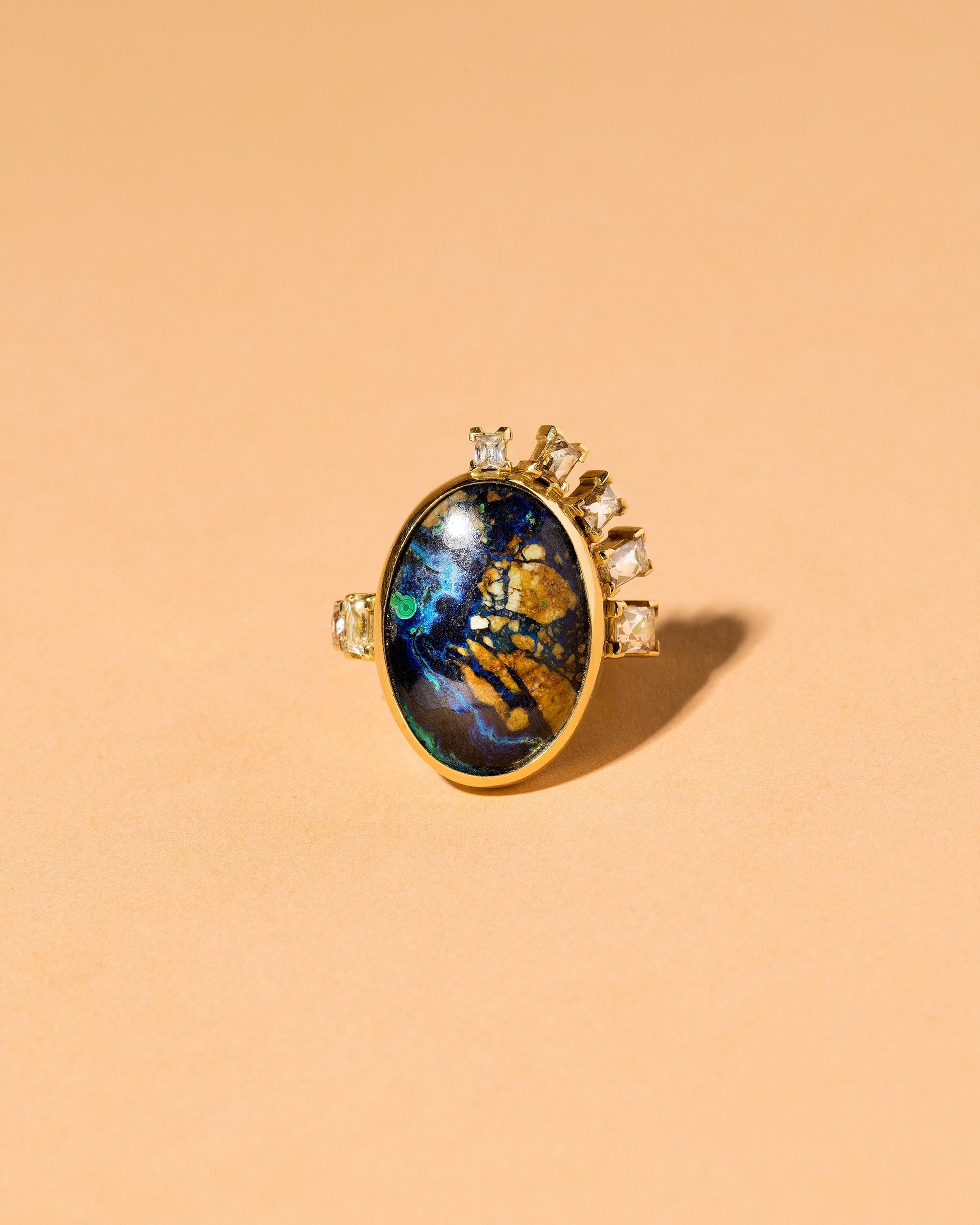 Azurite Malachite & Diamond Ring on light color background.