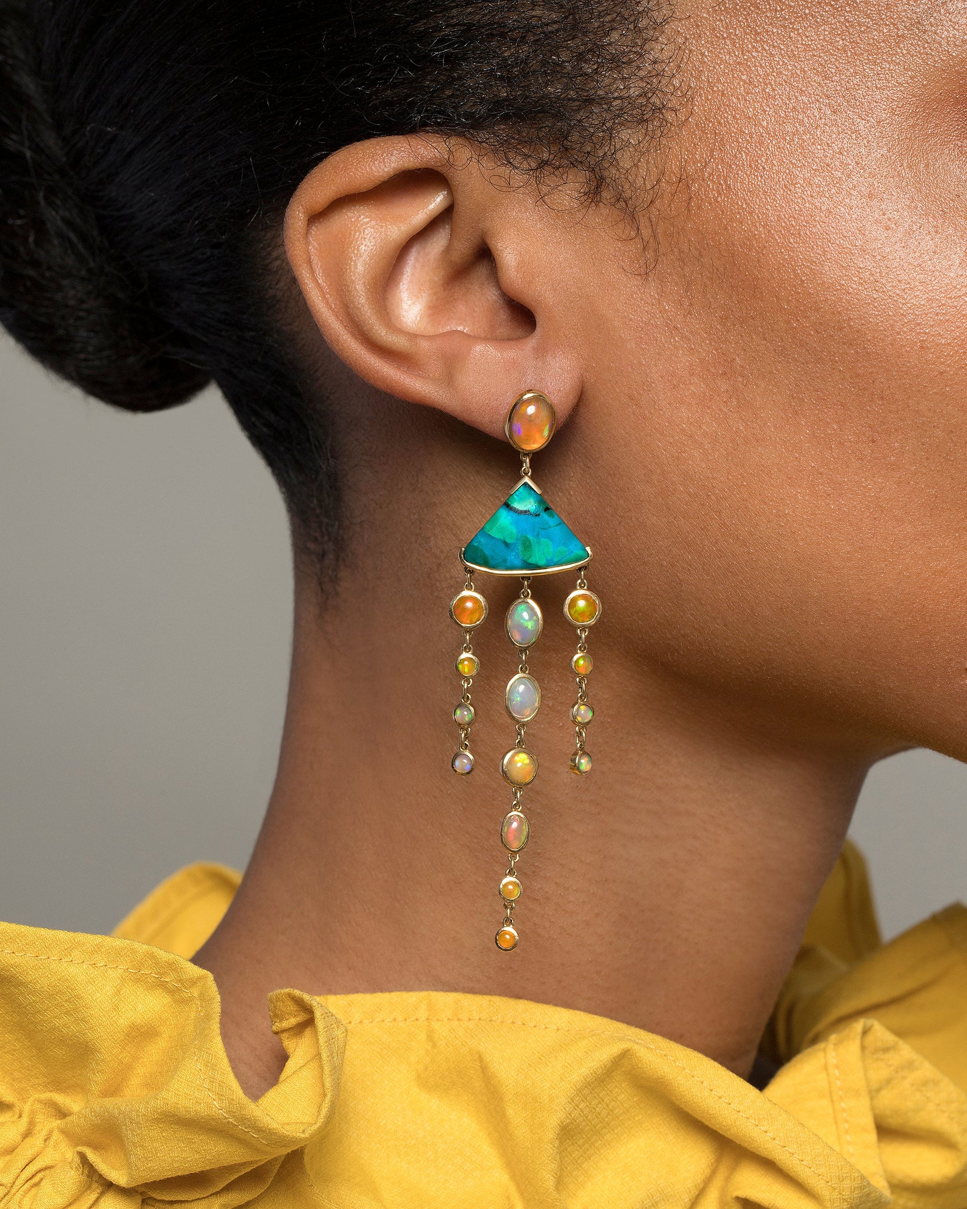 Chrysocolla & Ethiopian Opal Earrings on model.