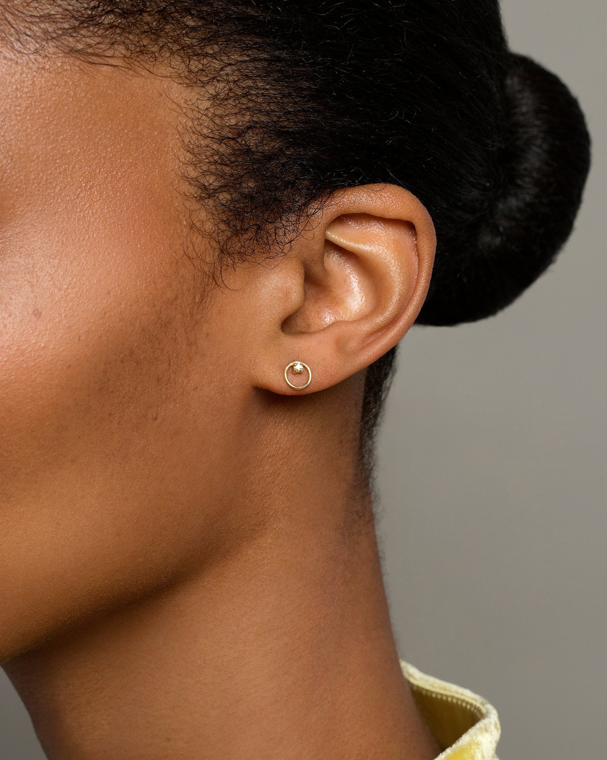 Gold Opal Full Moon Stud Earring Single on model.