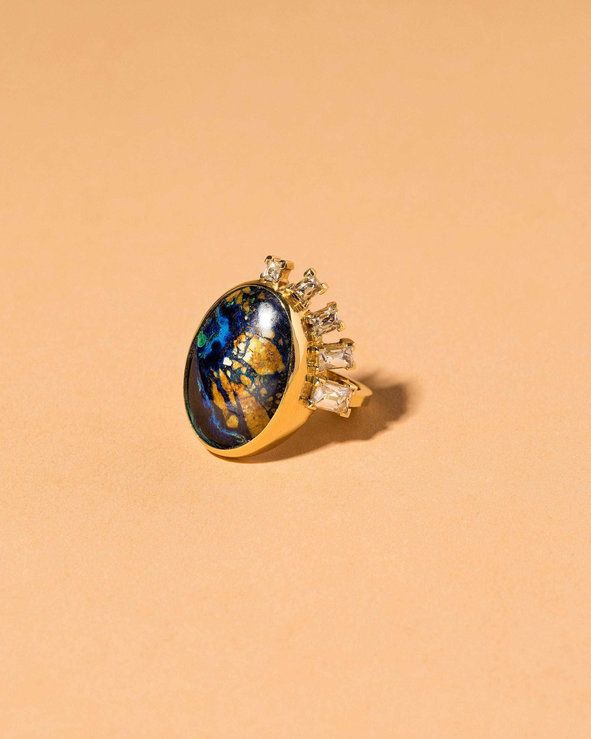  Azurite Malachite & Diamond Ring on light color background.