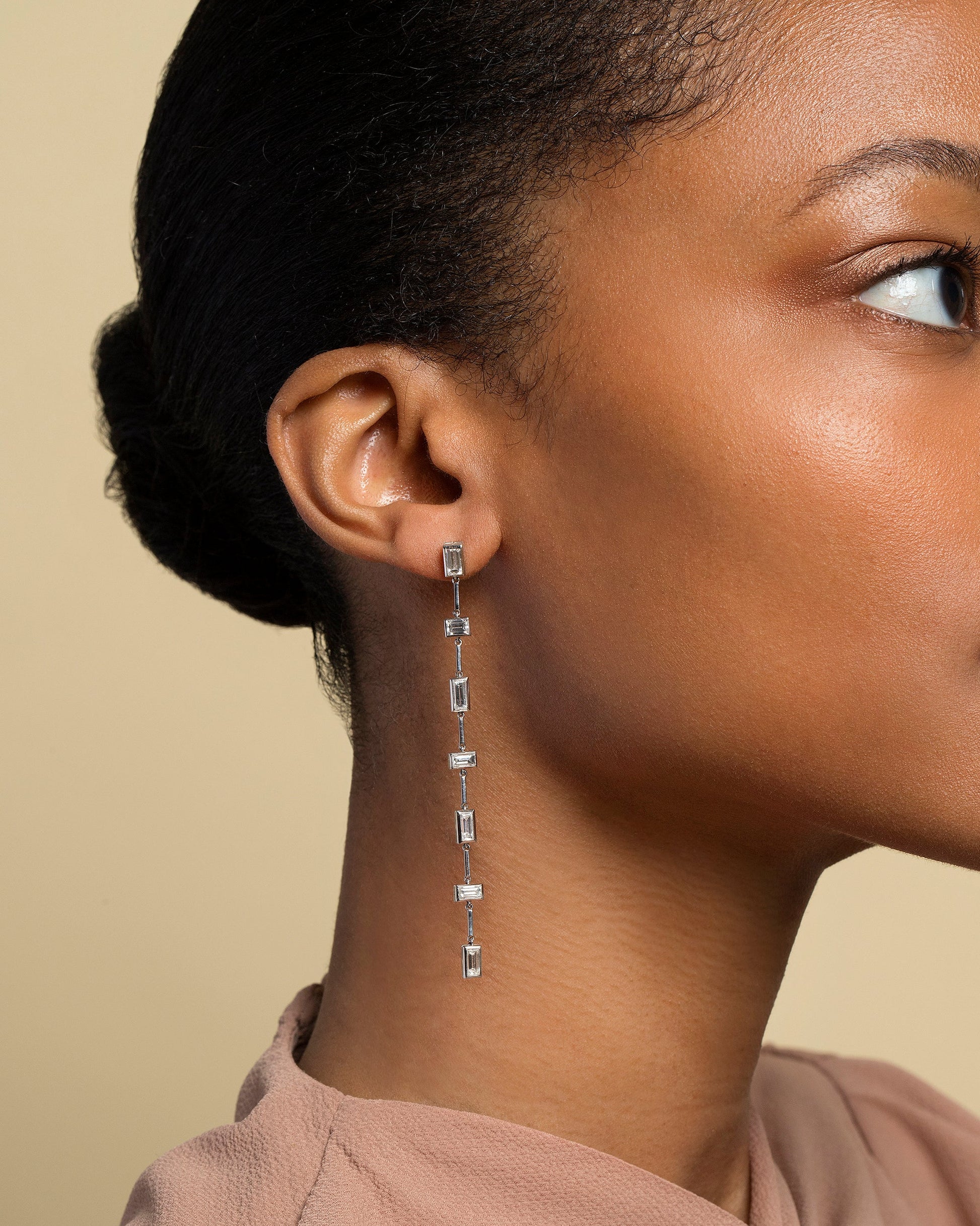 Diamond Baguette Drop Earrings on model.