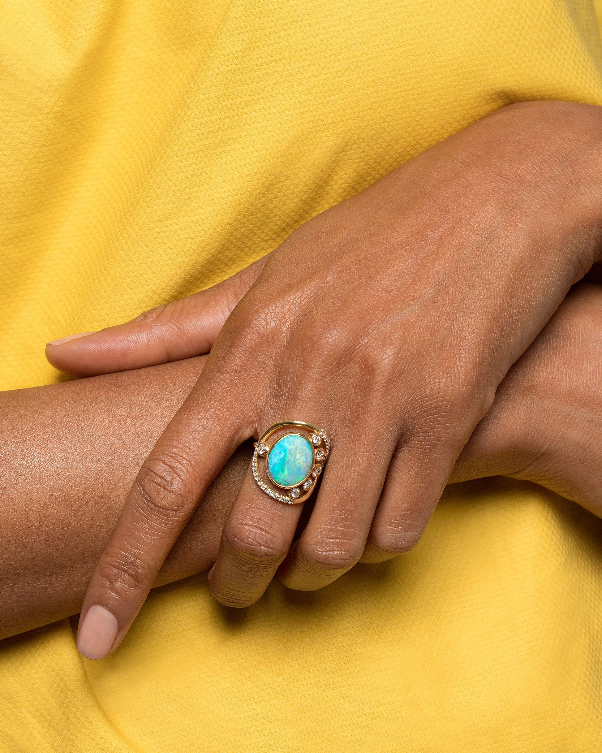 Australian Opal, Diamond & Sapphire Ring on model.
