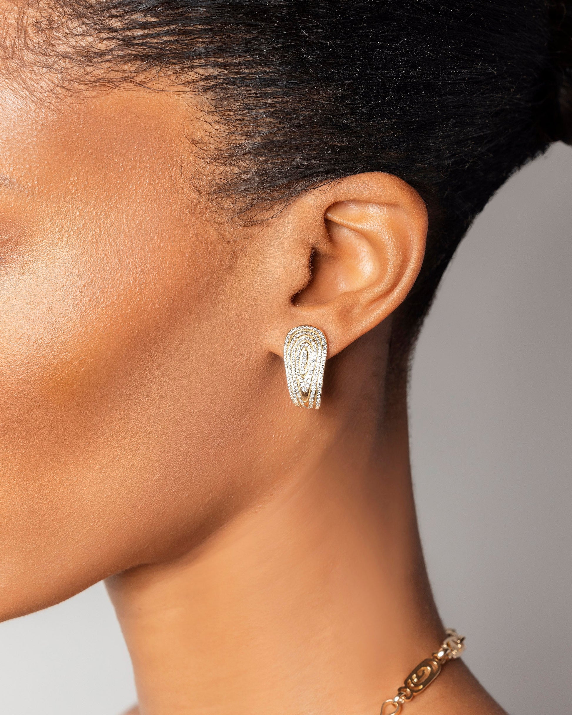 White Diamond Duality Hoop Earrings on model.