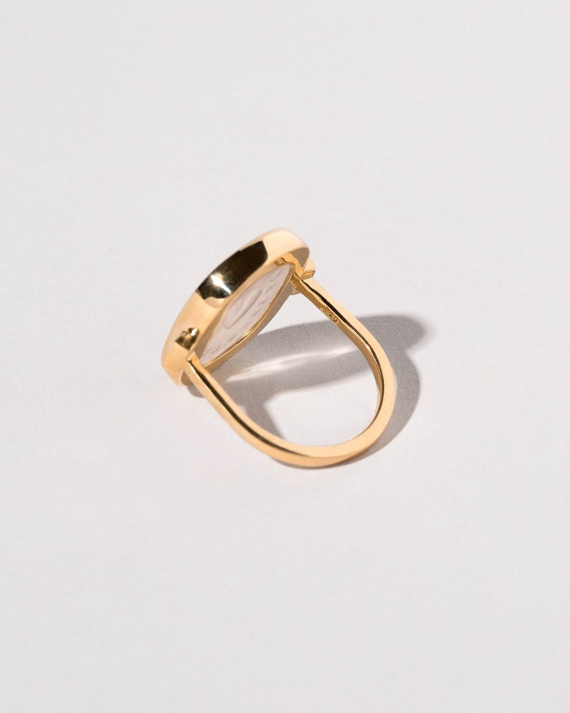 View from the back of the Long Distance Intaglio Seal Ring on light color background.