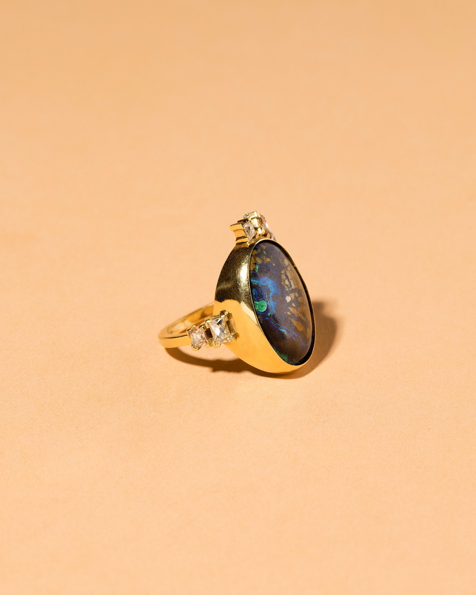 Azurite Malachite & Diamond Ring on light color background.