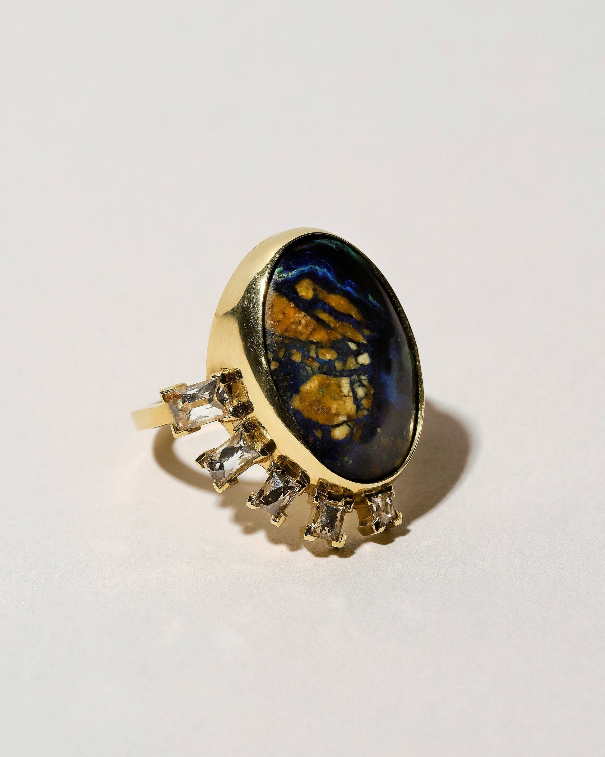 Azurite Malachite & Diamond Ring on light color background.