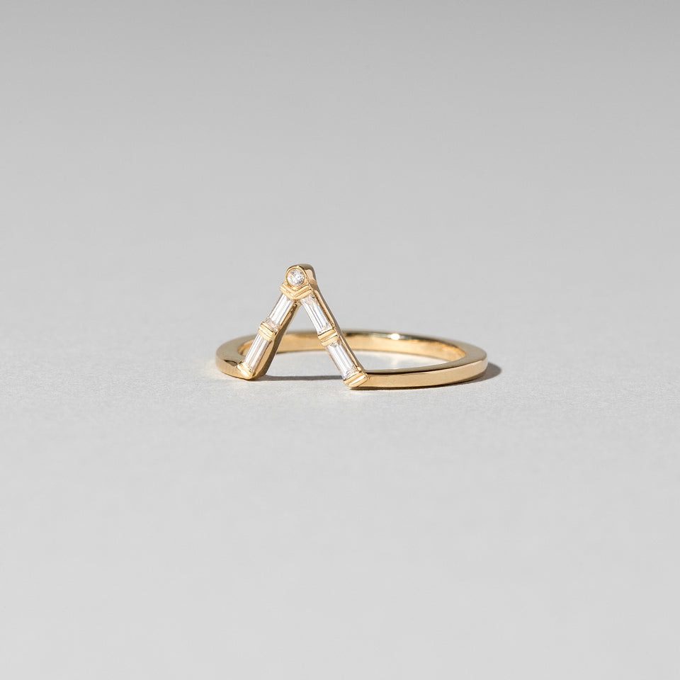 product_details::Closeup details of the Gold Baguette Triangle Band on light color background.