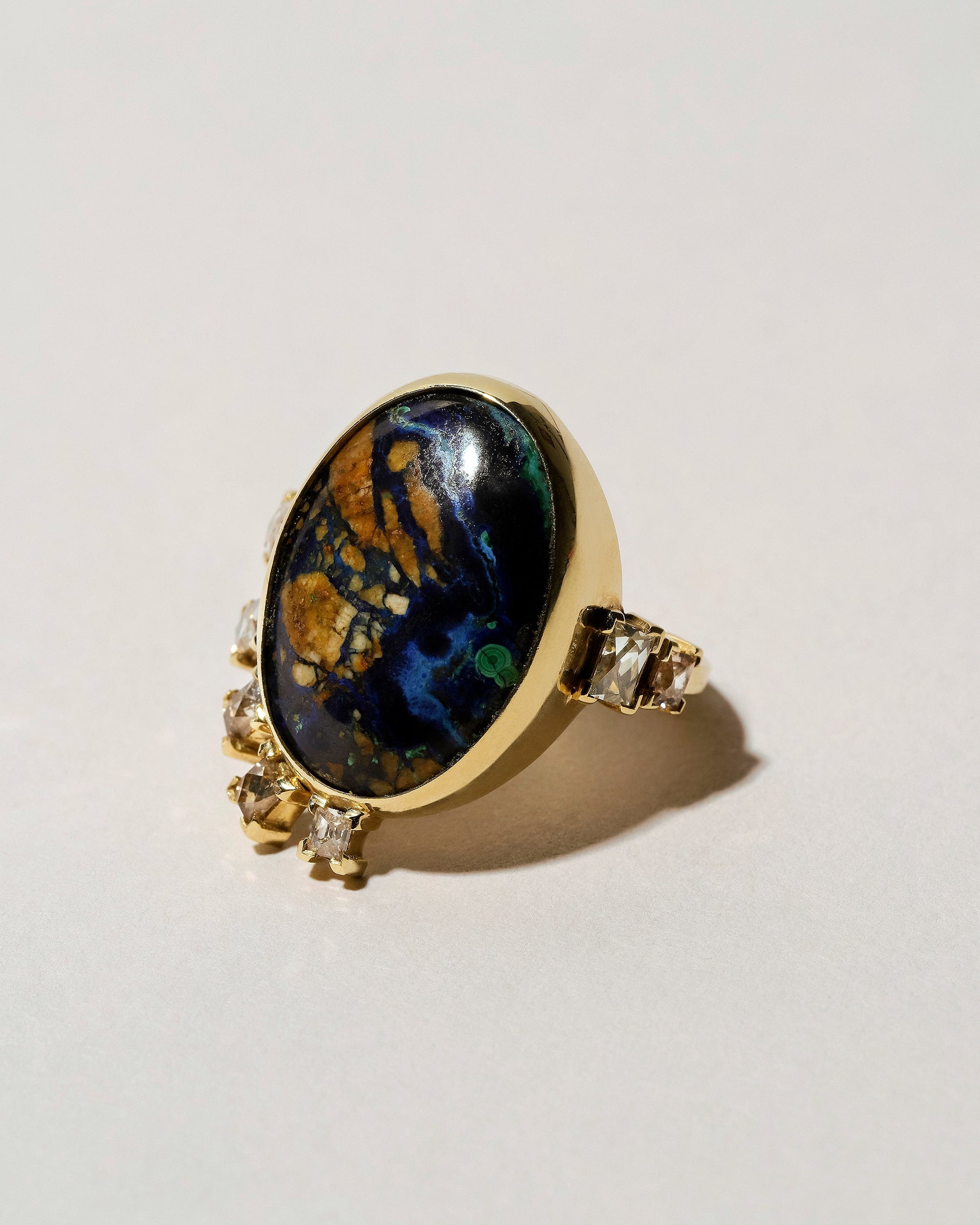  Azurite Malachite & Diamond Ring on light color background.