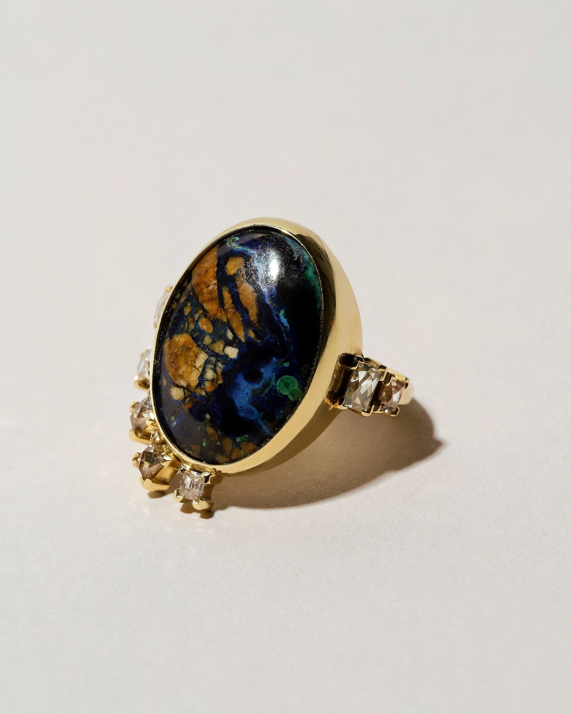 Azurite Malachite & Diamond Ring on light color background.