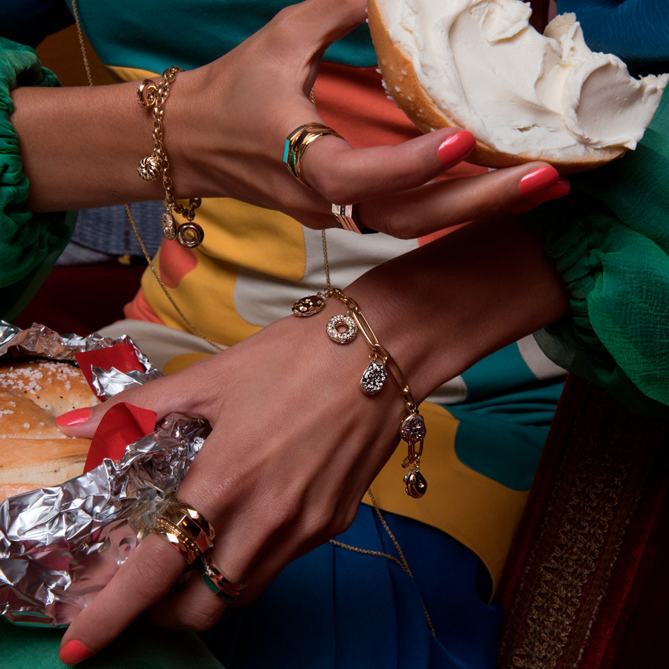 product_details::Salt Bagel Charm with Cream Cheese & Chives - Final Sale on model.