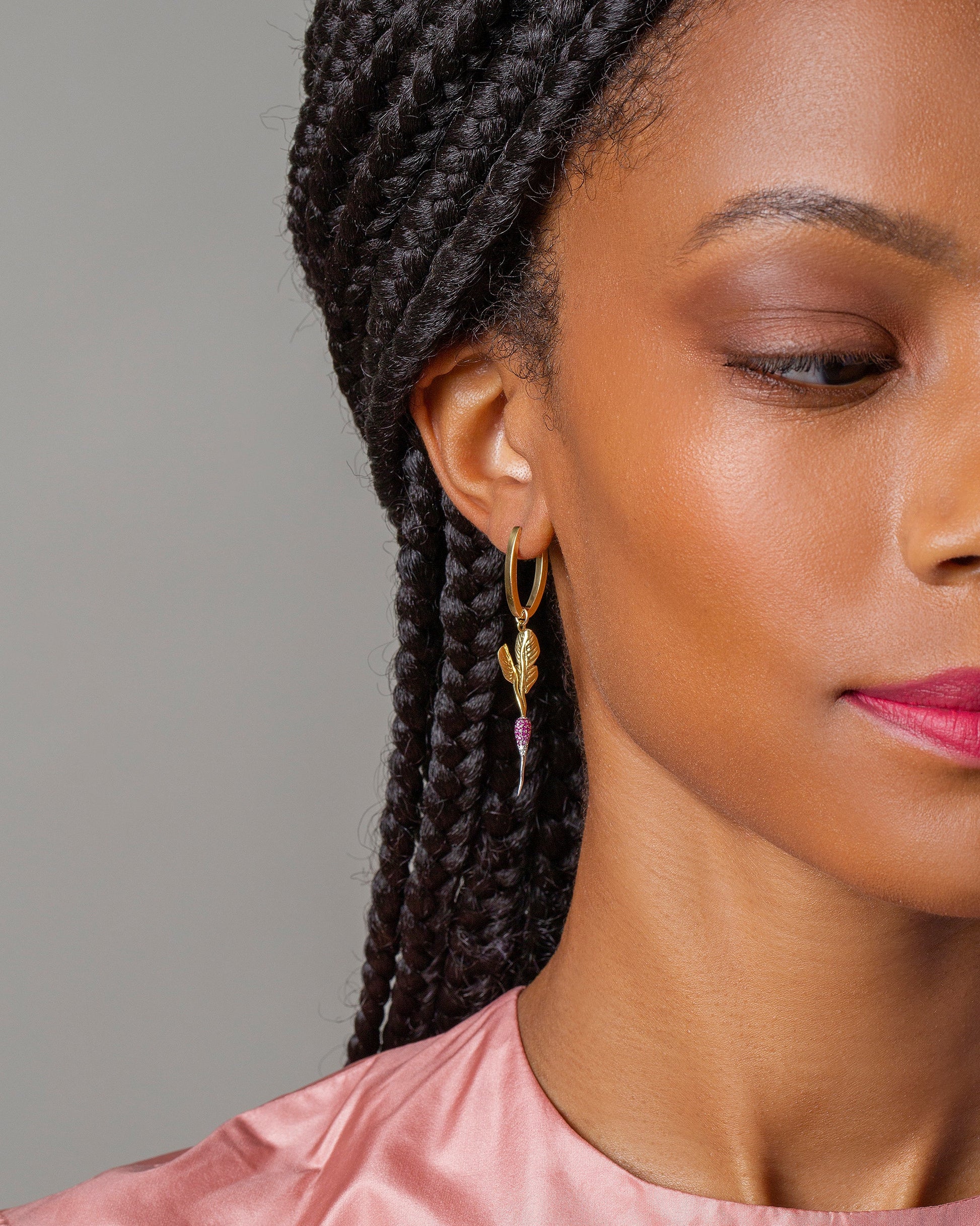 French Breakfast Radish Charm and Tiny Loop Hoops on model.