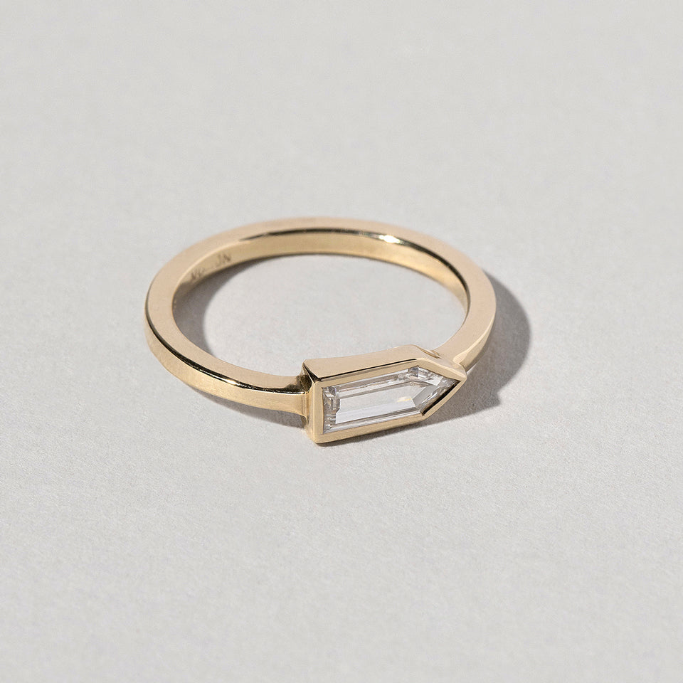 product_details::Closeup details of the Bullet Cut Diamond Ring on light color background.