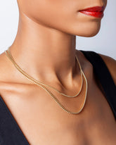 3.4mm Curb Chain Necklace and 2.4mm Curb Chain Necklace on model.