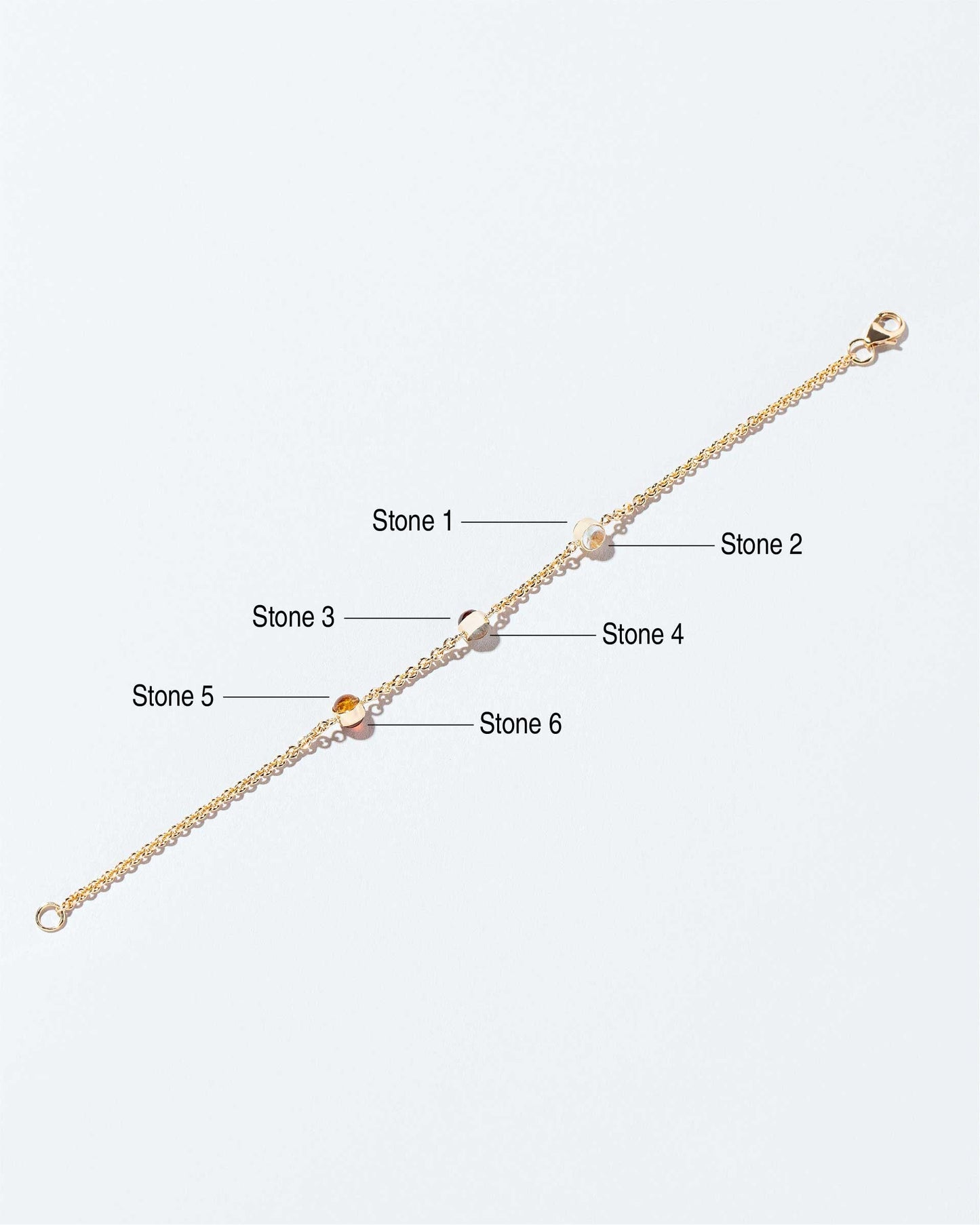 Birthstone Bracelet - Three Bezels on light color background.