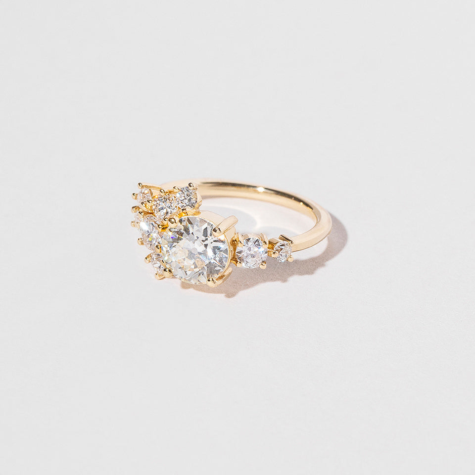 product_details::Cluster style ring with white diamonds set in 18k yellow gold, close up on light color background.
