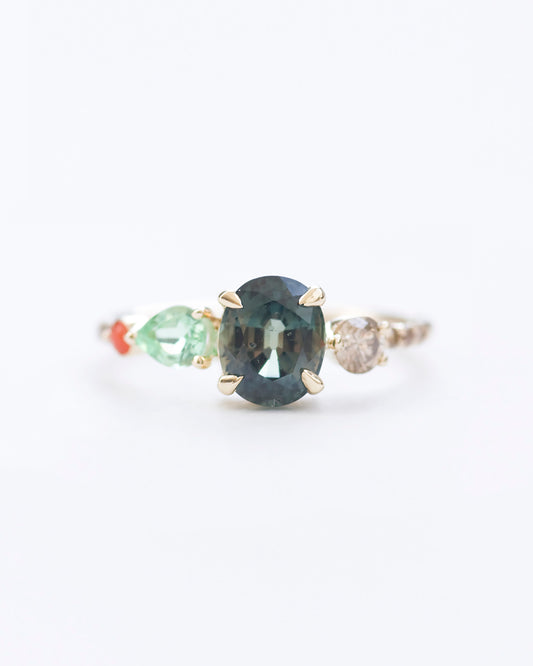 Bluegreen sapphire tourmaline champagne daimonds and coral stone cluster ring front view