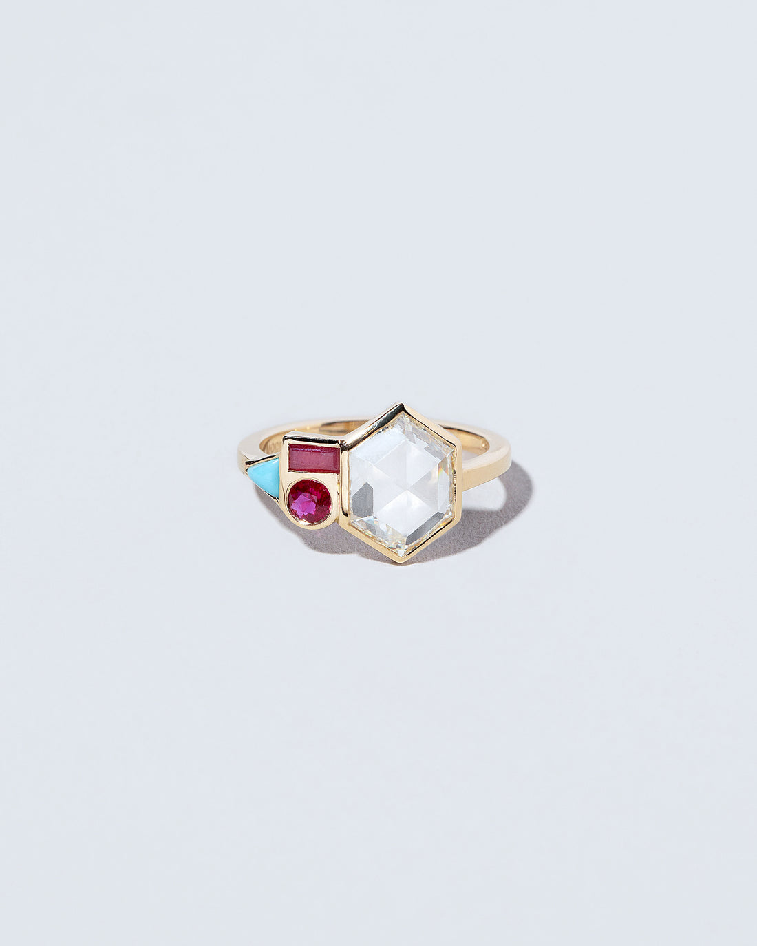 Hexagonal Diamond, Ruby & Turquoise Ring front facing