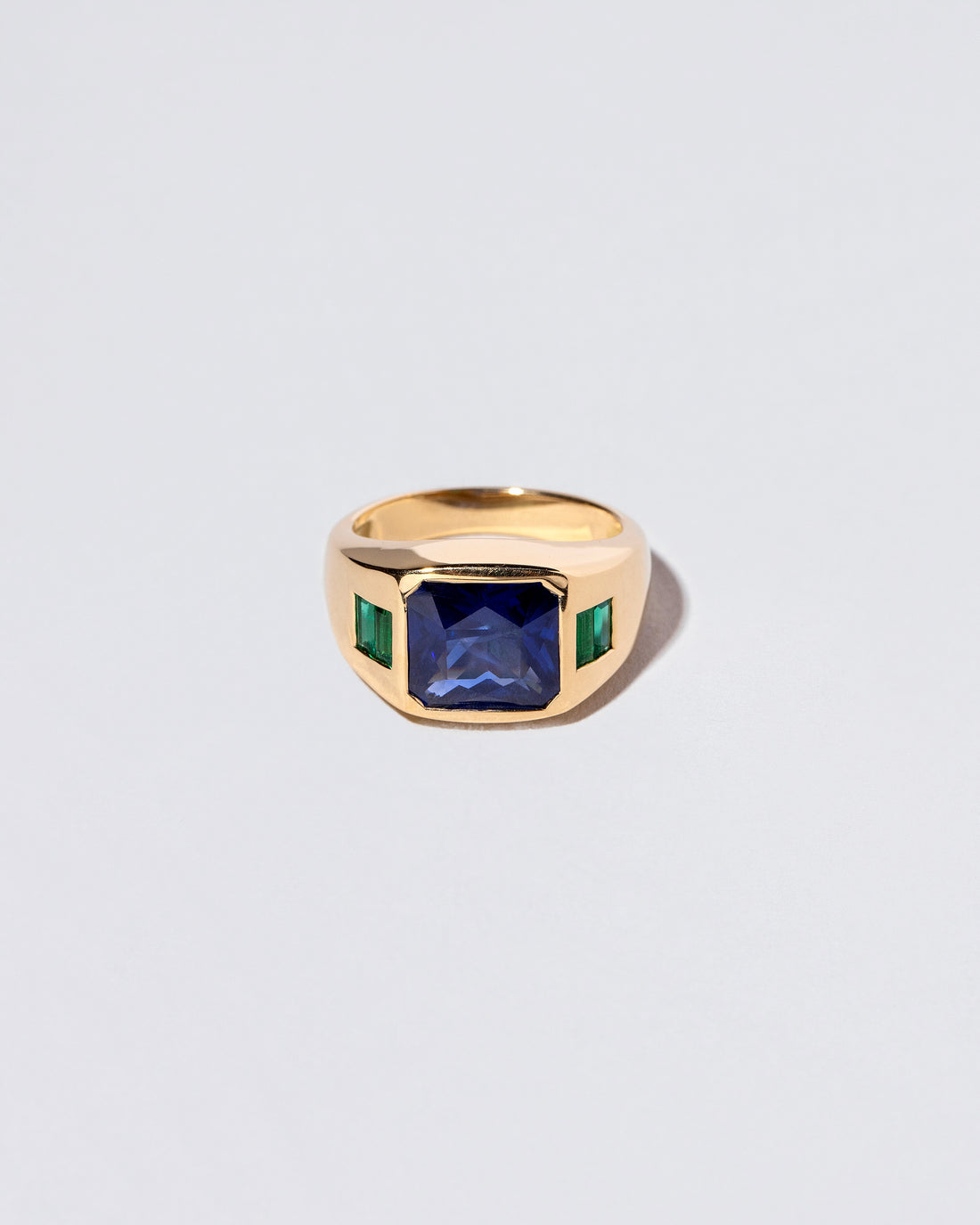 Emerald Cut Sapphire & Emerald Signet Ring front facing