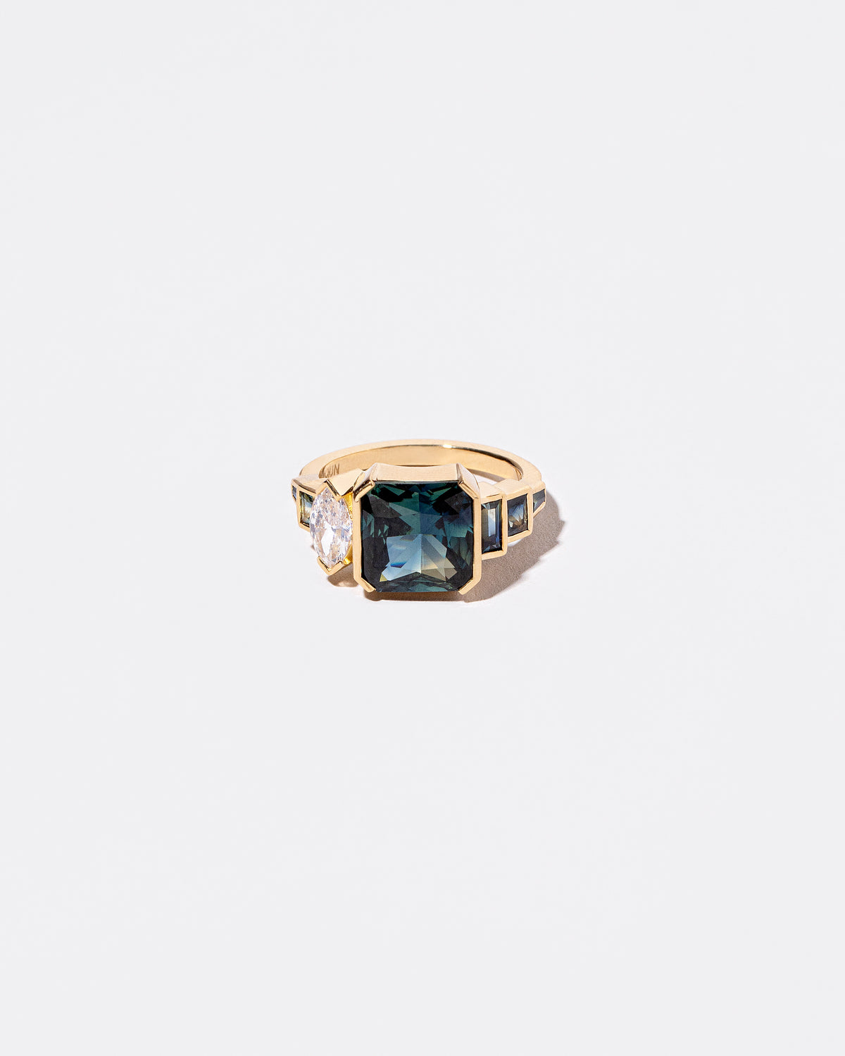 Cut Corner, Step Cut Sapphire & Diamond Line Cluster Ring front facing