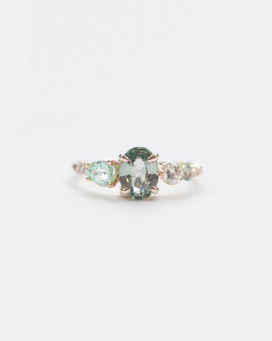 Green Sapphire, Tourmaline and White Diamond Stone Cluster Ring front view