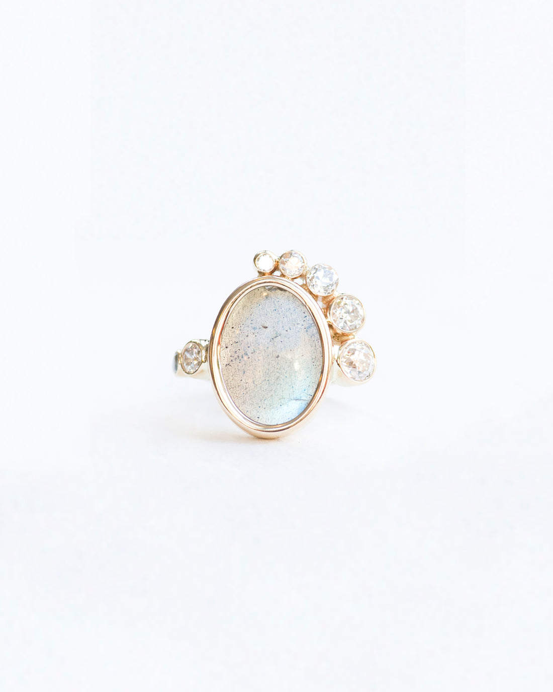 Labradorite and diamond stone cluster ring front view