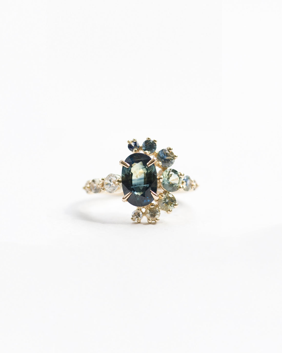 Bicolor Sapphire and Champange Diamond Cluster Ring front view