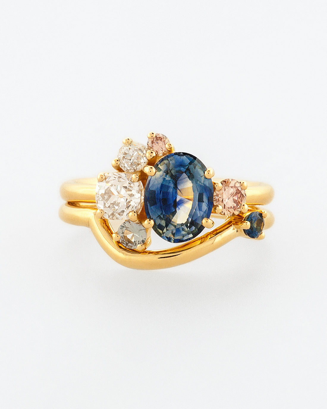 Oval Bicolor Sapphire Cluster Ring with Band front view