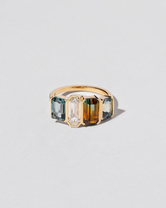 Custom Emerald Cut Sapphire & Diamond Line Cluster Ring front view