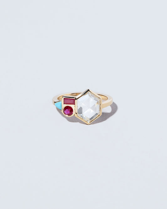 Hexagonal Diamond, Ruby & Turquoise Ring