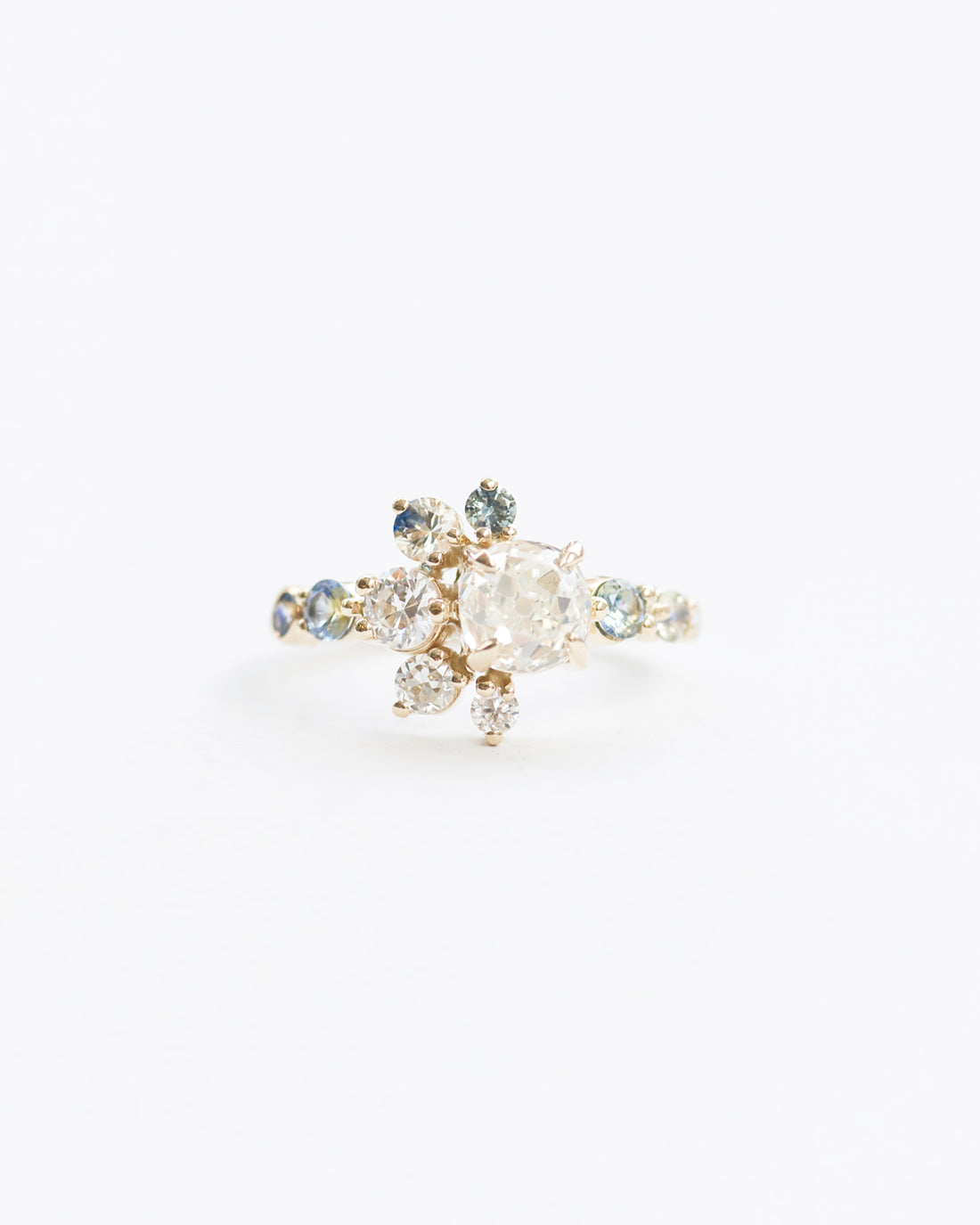 White diamond and bicolor sapphire stone cluster crescent ring front view
