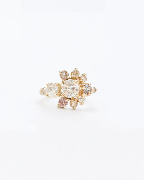 White diamond and color change sapphire stone cluster ring front view