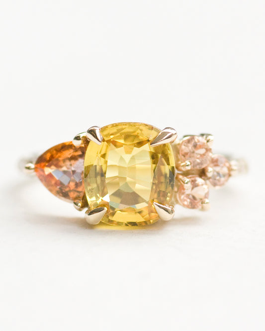 Yellow Orange and Peach Sapphire Stone Cluster Ring front view