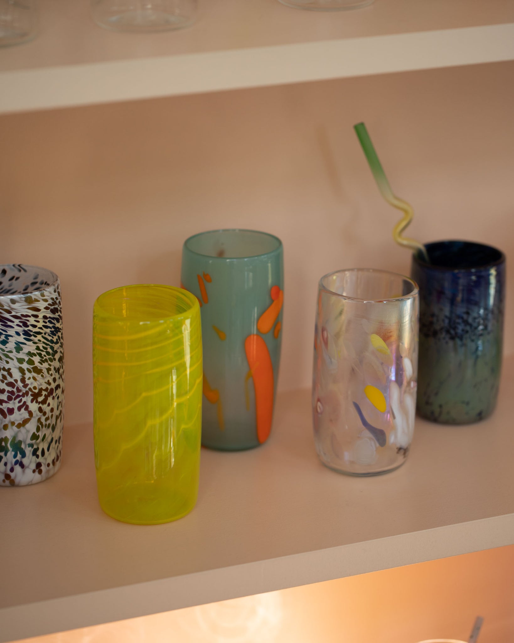 Photo of five glass tumblers  in a mix of patterns by Sirius Glassware