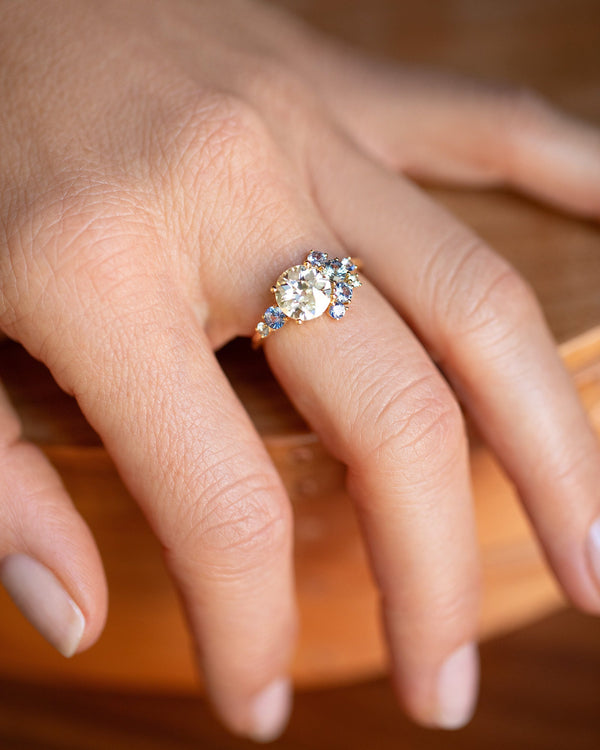 Diamond & Sapphire Vega Ring on model.