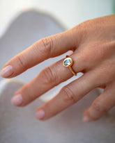 Oval Bicolor Sapphire Precise Ring on model.