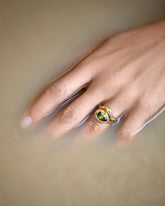 Gold Equalize Band and Bicolor Sapphire Grand Align Ring on model.