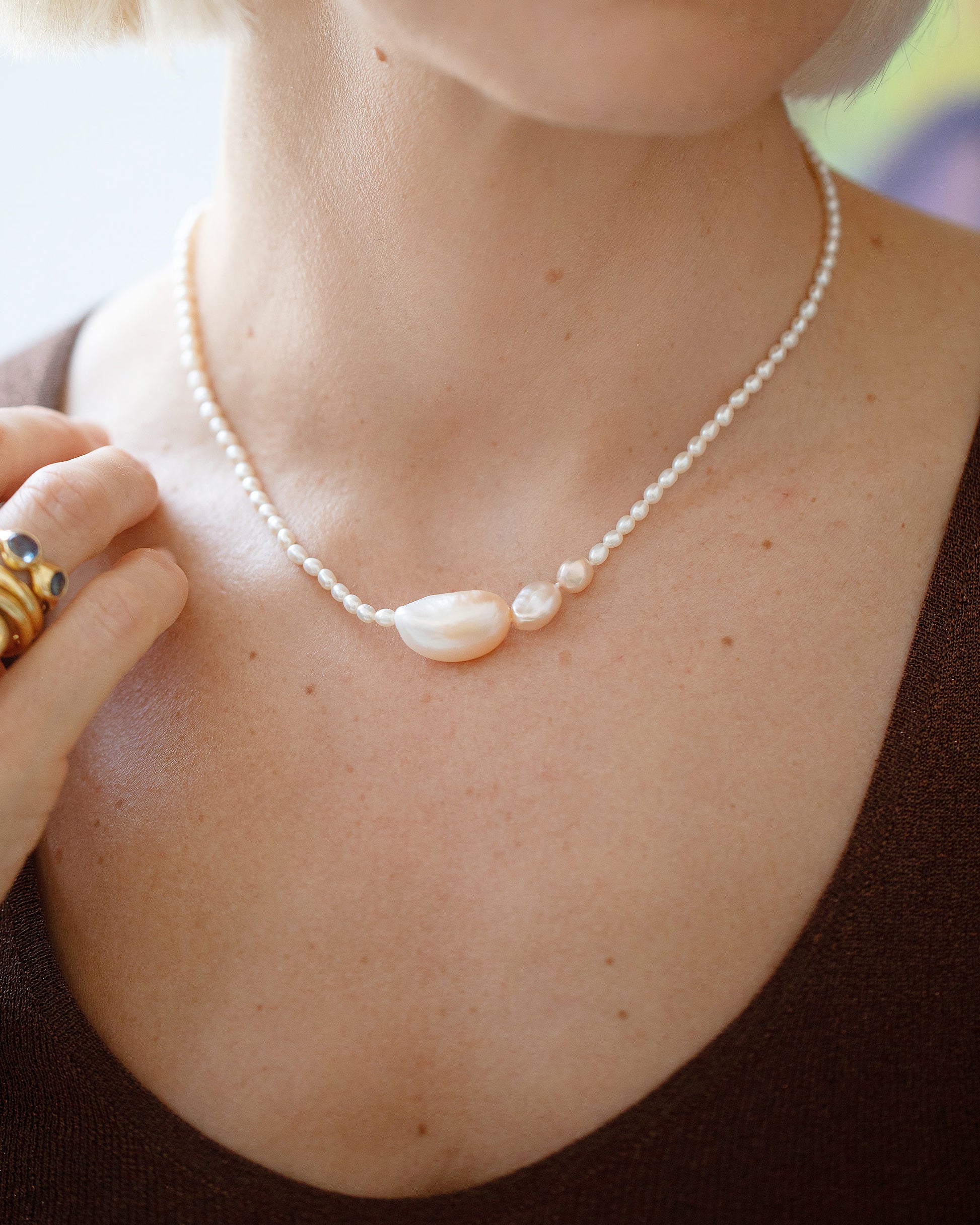 Nereus Pearl Necklace on model.