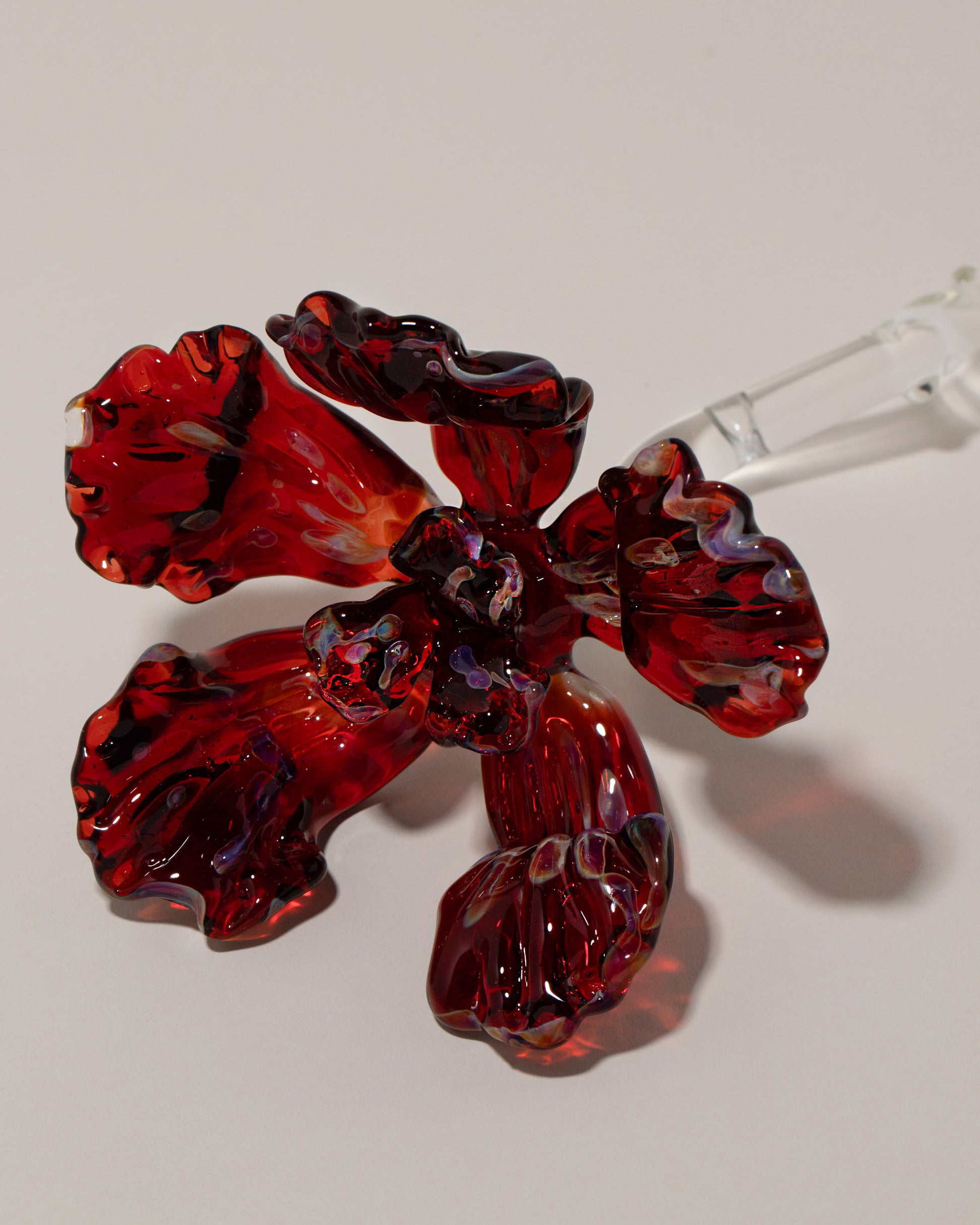 Closeup details of the Alex Rosenbaum Red Glass Flower on light color background.