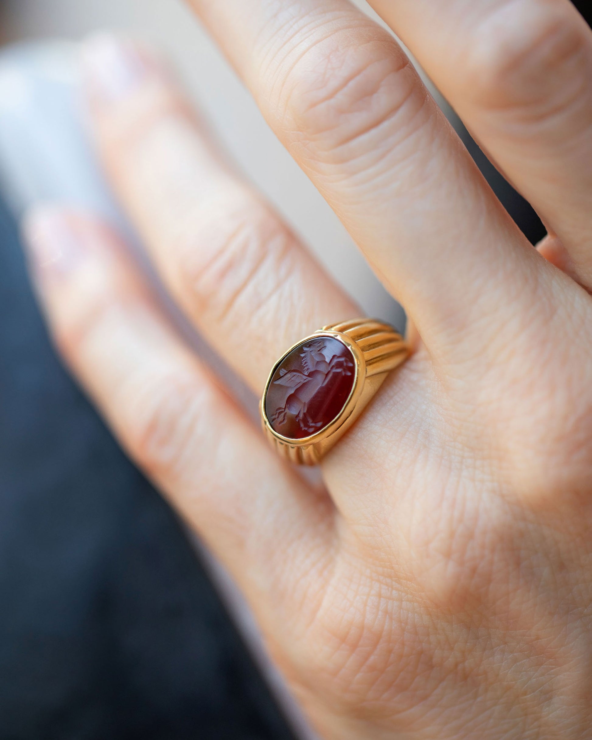 Vintage Bvlgari Carnelian Pegasus Intaglio Ring on model.