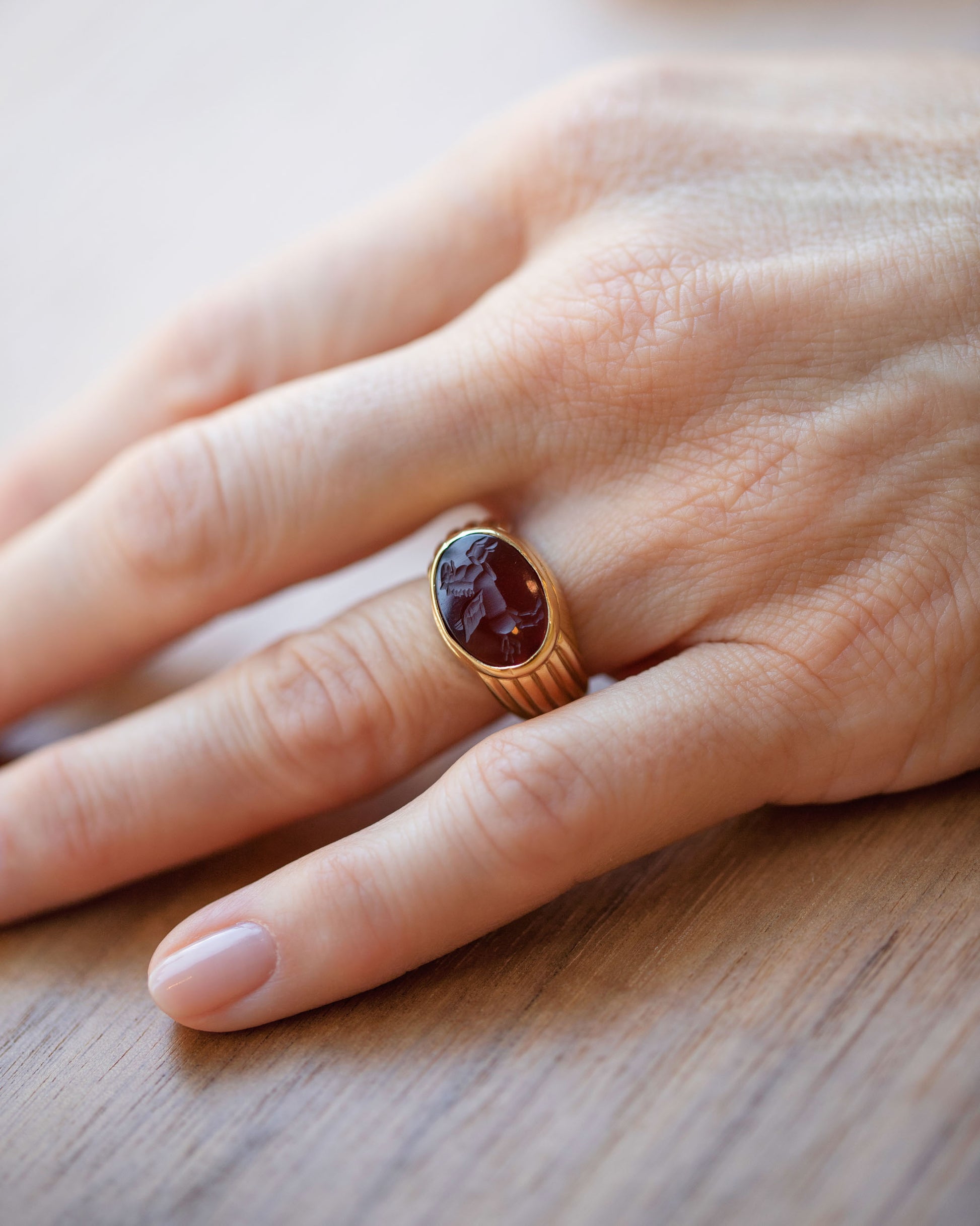 Vintage Bvlgari Carnelian Pegasus Intaglio Ring on model.