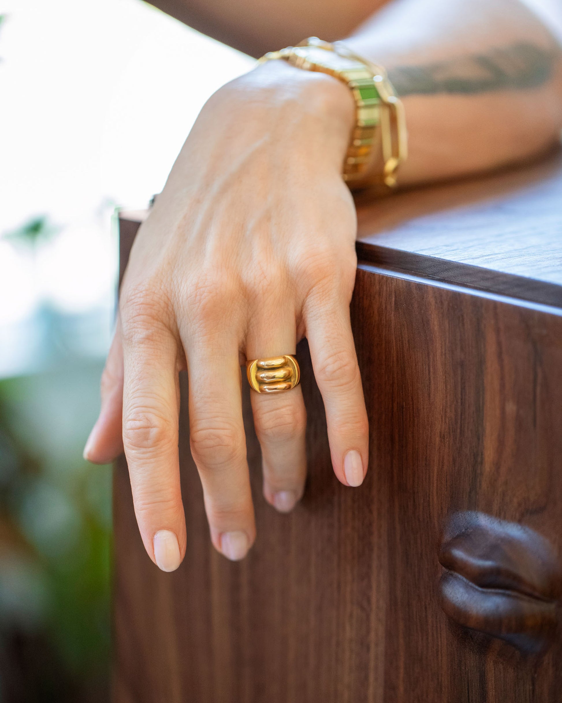 Vintage Gold Gadroon Ring on model.