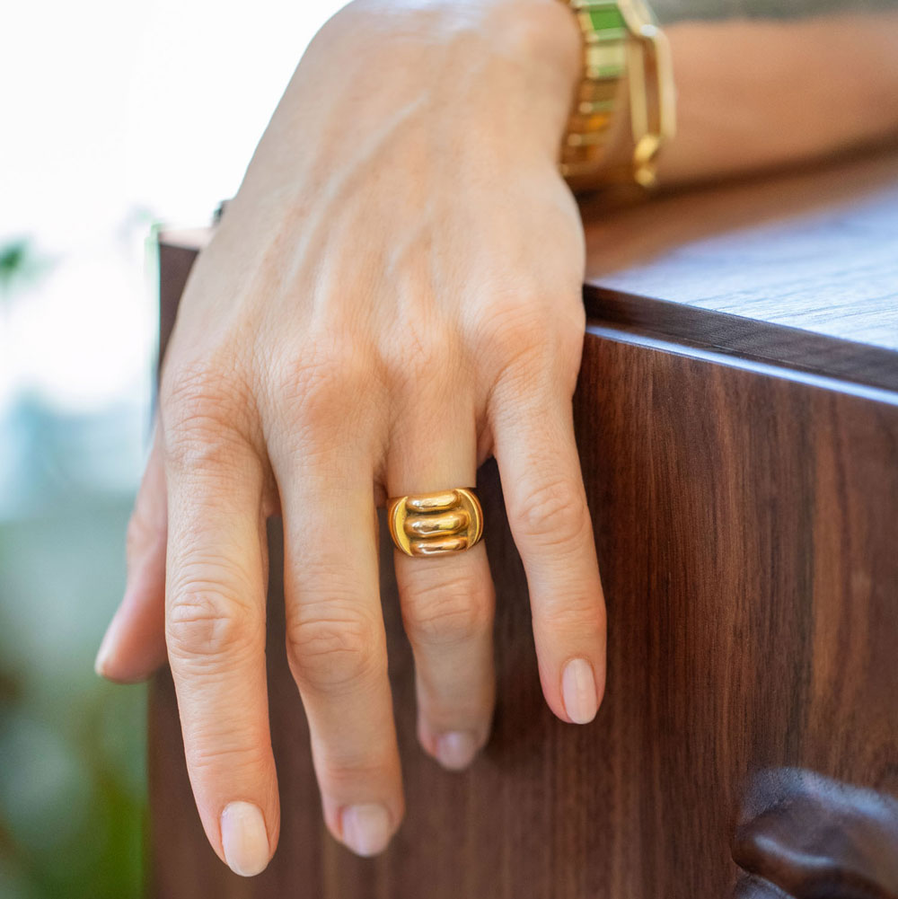 product_details::Vintage Gold Gadroon Ring on model.