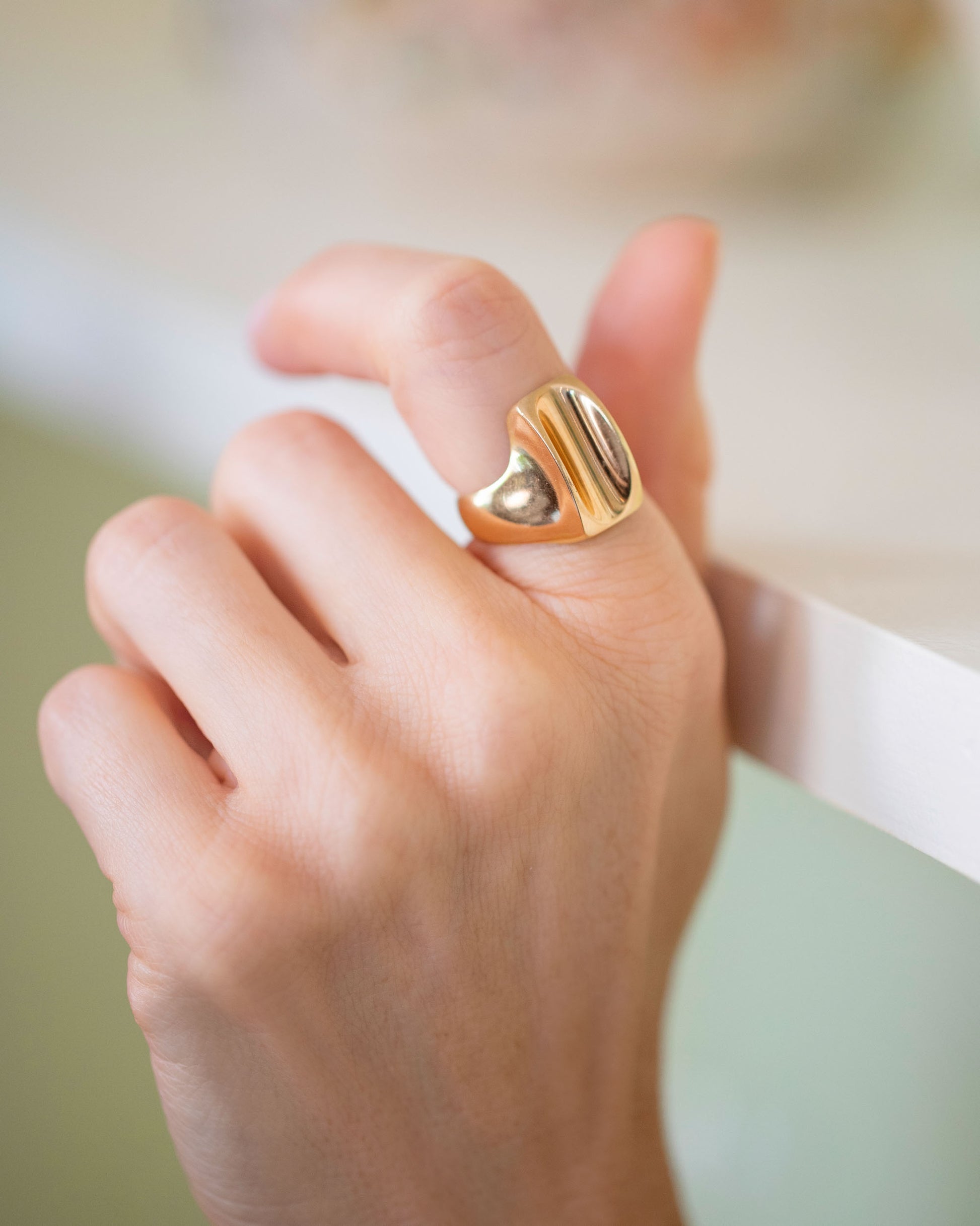 Vintage Gold Saddle Ring on model.