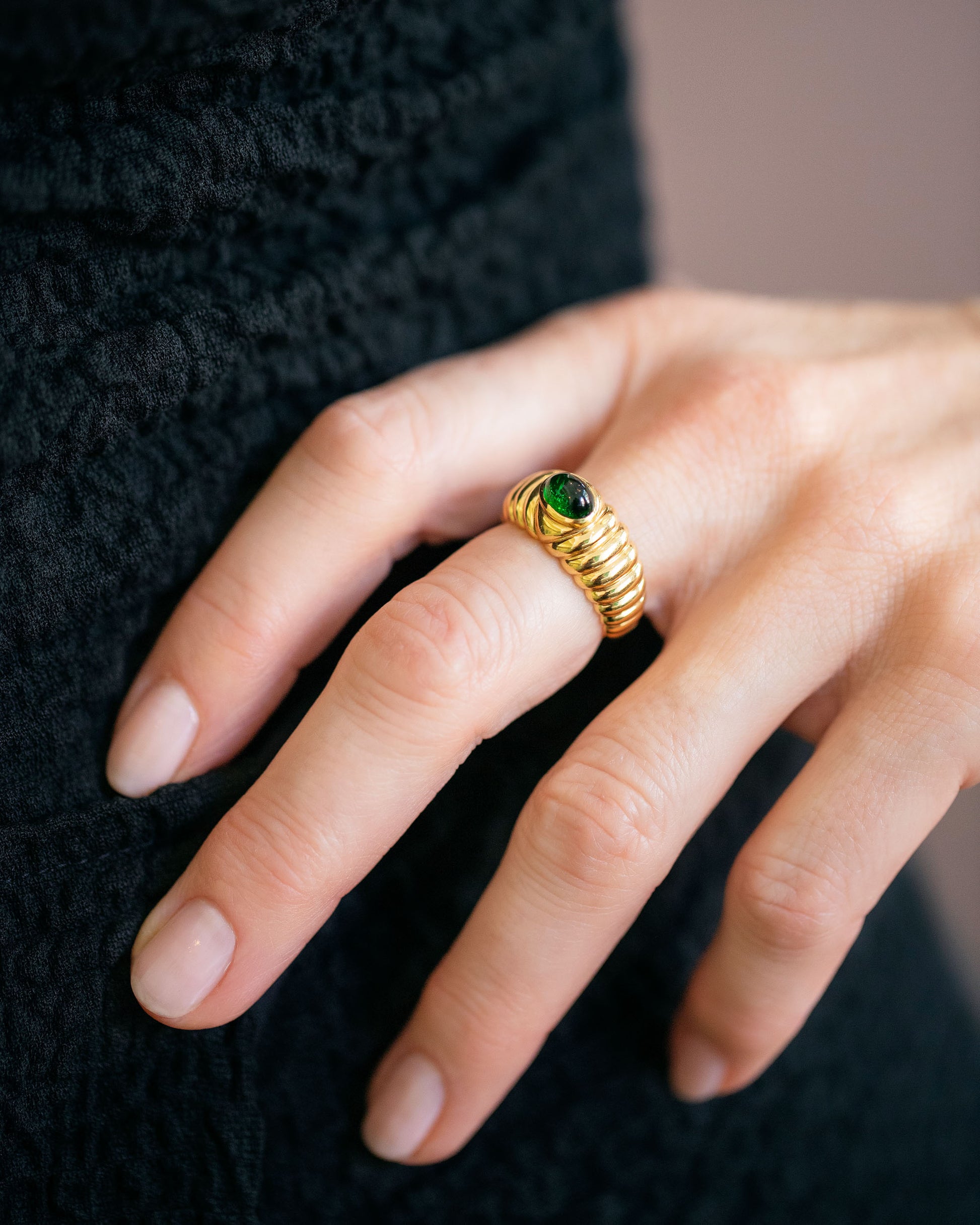Vintage Ribbed Peridot Ring on model.