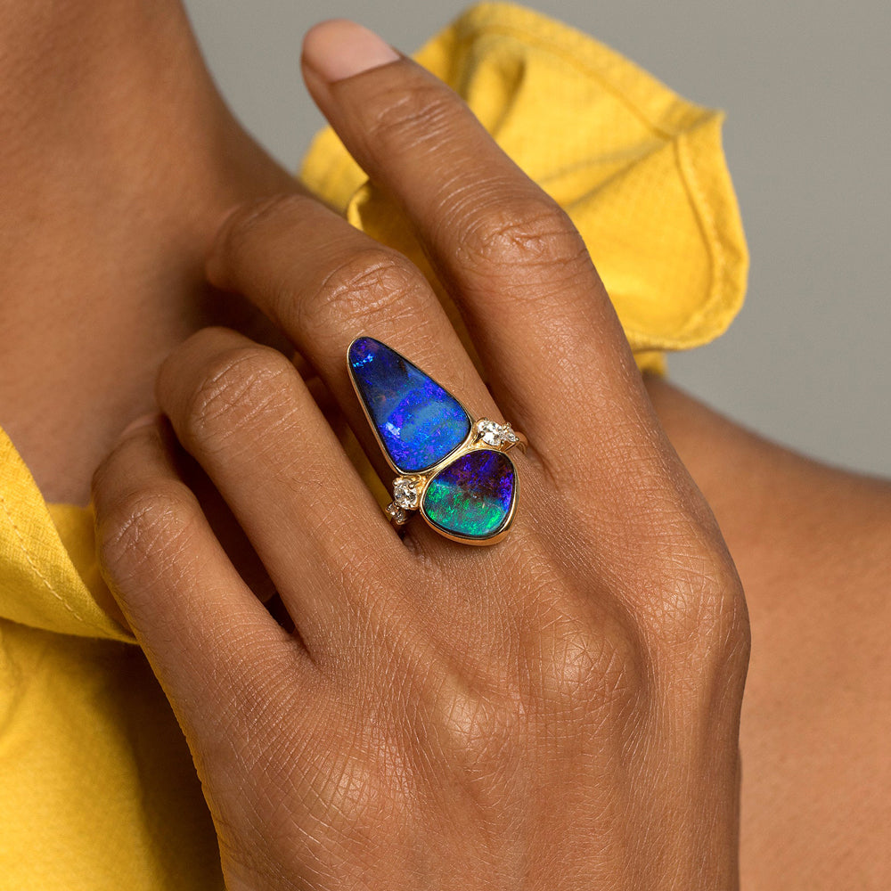 product_details::Australian Boulder Opal Ring on model.