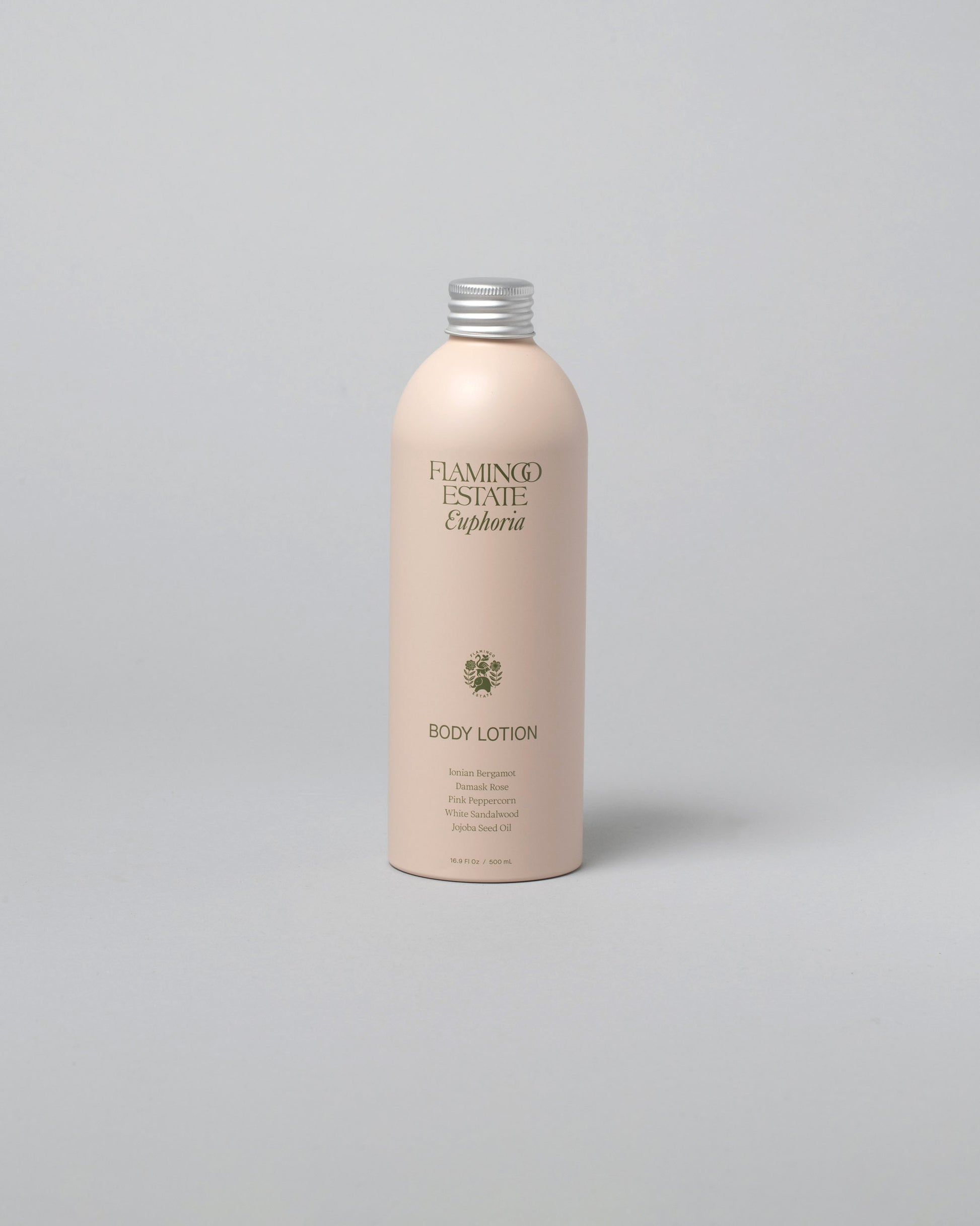 Flamingo Estate Without Recyclable Pump Euphoria Body Lotion on light color background.